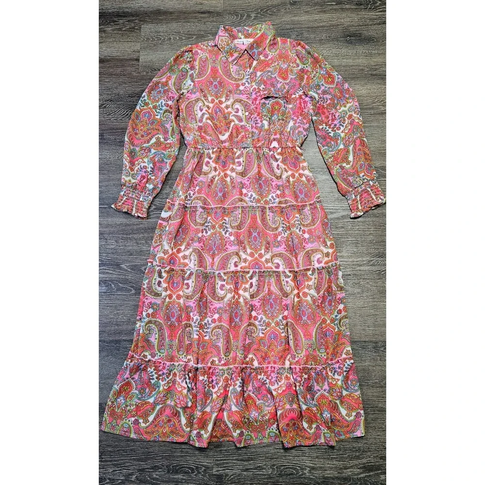 Harlow & Rose Pink Paisley Print Long-sleeve Midi Dress Size Medium Missing Belt - Picture 3 of 16